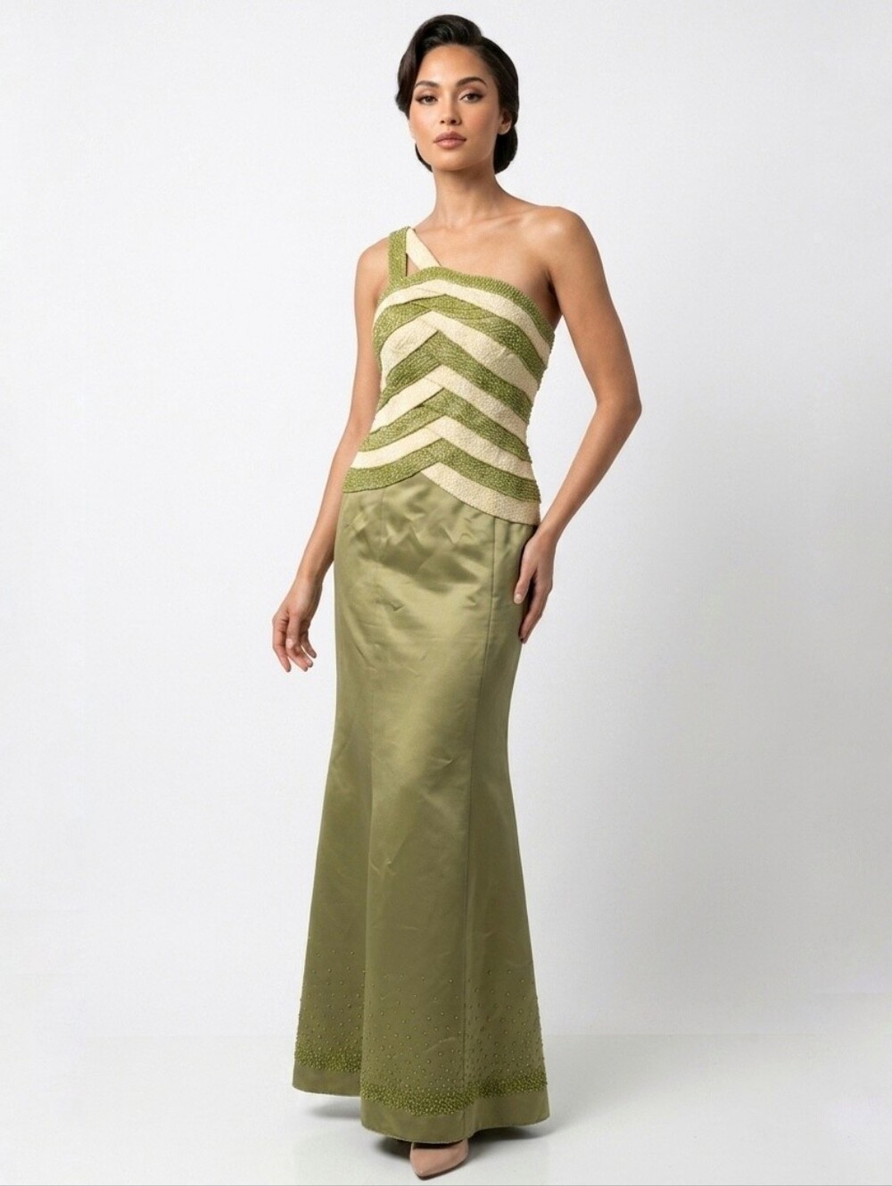 Vtg Mike Benet Formals Green Cream Beaded One-Shoulder Mermaid Evening Gown 12